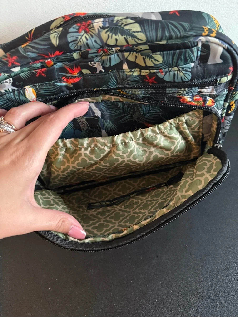 lug Quilted Crossbody Bag in Black with Green and Red Tropical Print